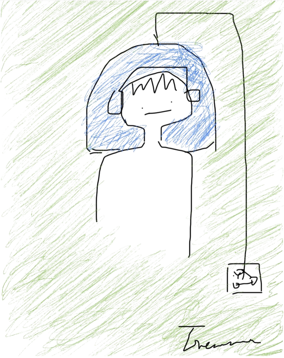 A drawn self-portrait: a figure with blue hair and headphones against green scribbled strokes, with a cable running down to a small box