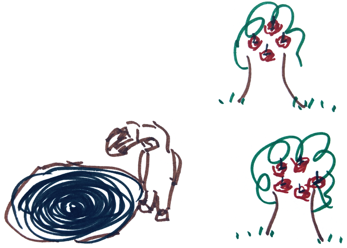 A marker drawing of an animal bending over a big black spiral, as if looking into a hole